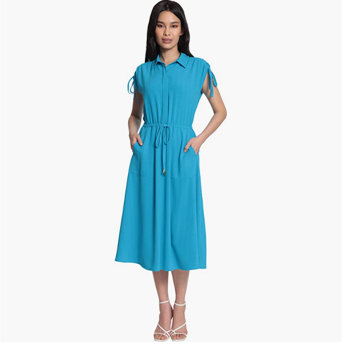Maggy London Women's Collared Drawstring Waist and Shoulders Mid Length With Concealed 1/2 Fly